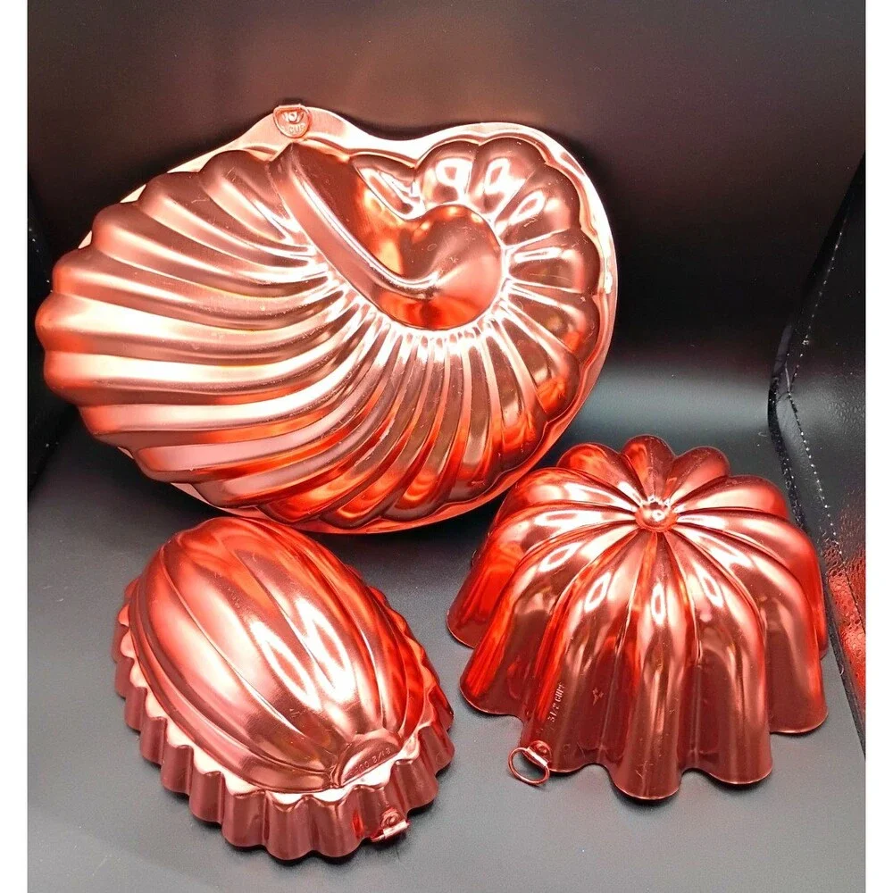 Vintage 3 Copper Aluminum Jello Molds Nautilus Sea Shell Acorn Fluted Bowl Wall